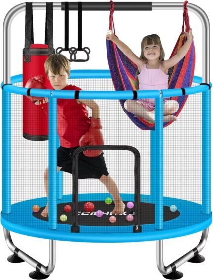 Safe and fun outdoor trampoline for kids with 440lbs capacity, 3-level adjustable gymnastics bar, and safety net for kids and families.
