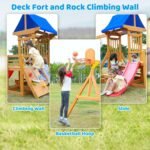 Encourage physical activity with this swing set for kids, featuring a rock climbing wall and 5ft slide.