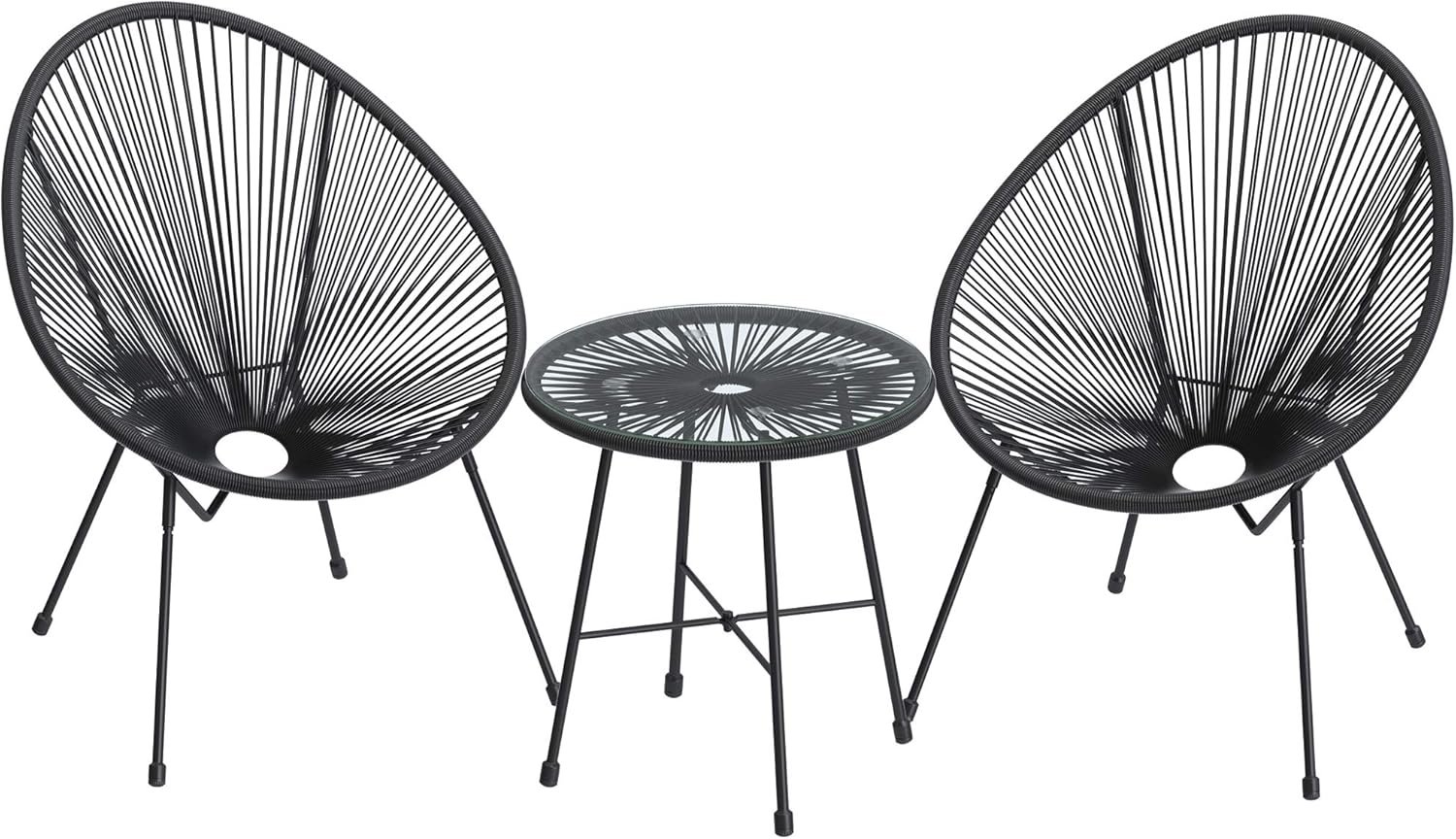 Garden Furniture Set Overview The stylish 3-piece Acapulco garden furniture set with cushions and a glass table in an outdoor setting.