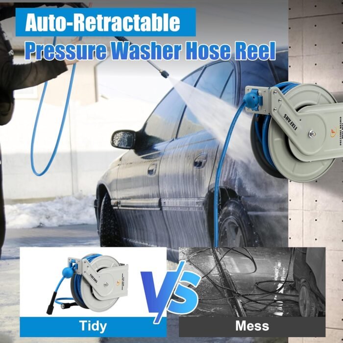 The heavy duty hose features a flexible, durable design for outdoor pressure washing.