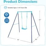 Swing set image emphasizing the included ground stakes for secure and safe anchoring on grass or garden areas.