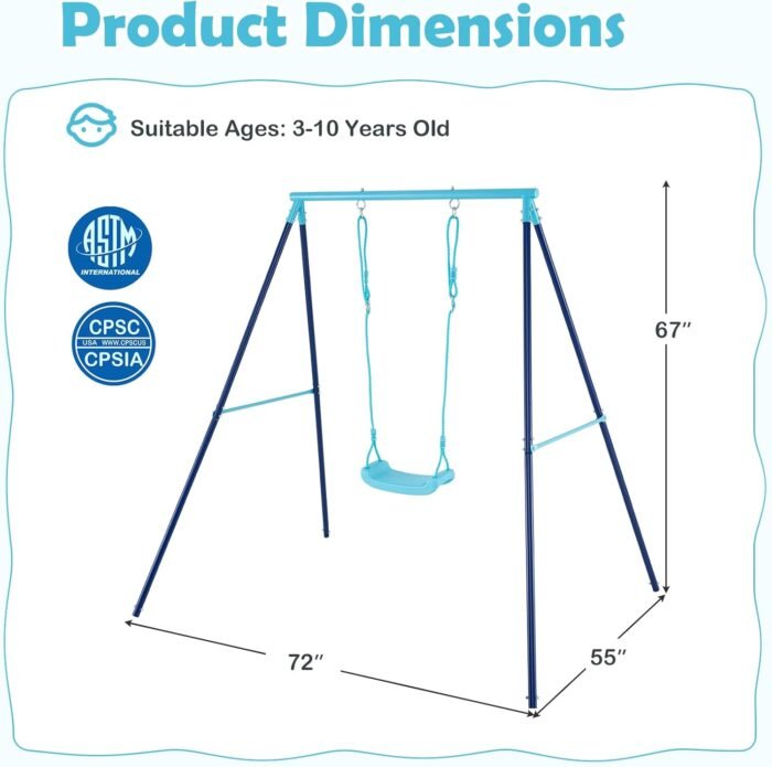 Swing set image emphasizing the included ground stakes for secure and safe anchoring on grass or garden areas.